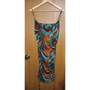 Timing Women's Spaghetti Strap Dress Swoop Neck Size L Cinge Sides Swirls Design